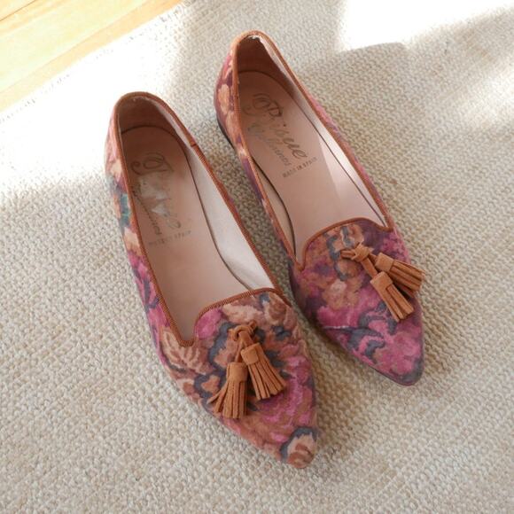 Anthropologie Bique Ballerinas | Velvet loafer pointed toe floral suede trim siz - Picture 3 of 13